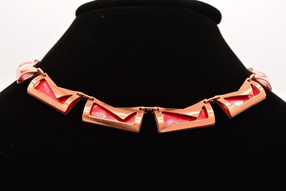 Vintage Copper Choker Collar Necklace Red Enamel Heavy Chunky Metal 1970s BinT